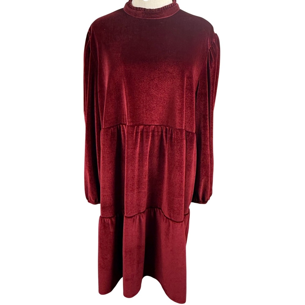 Ophelia Roe XL Burgundy Velvet Tiered Dress Mock Neck Boho Holiday Dark Academia